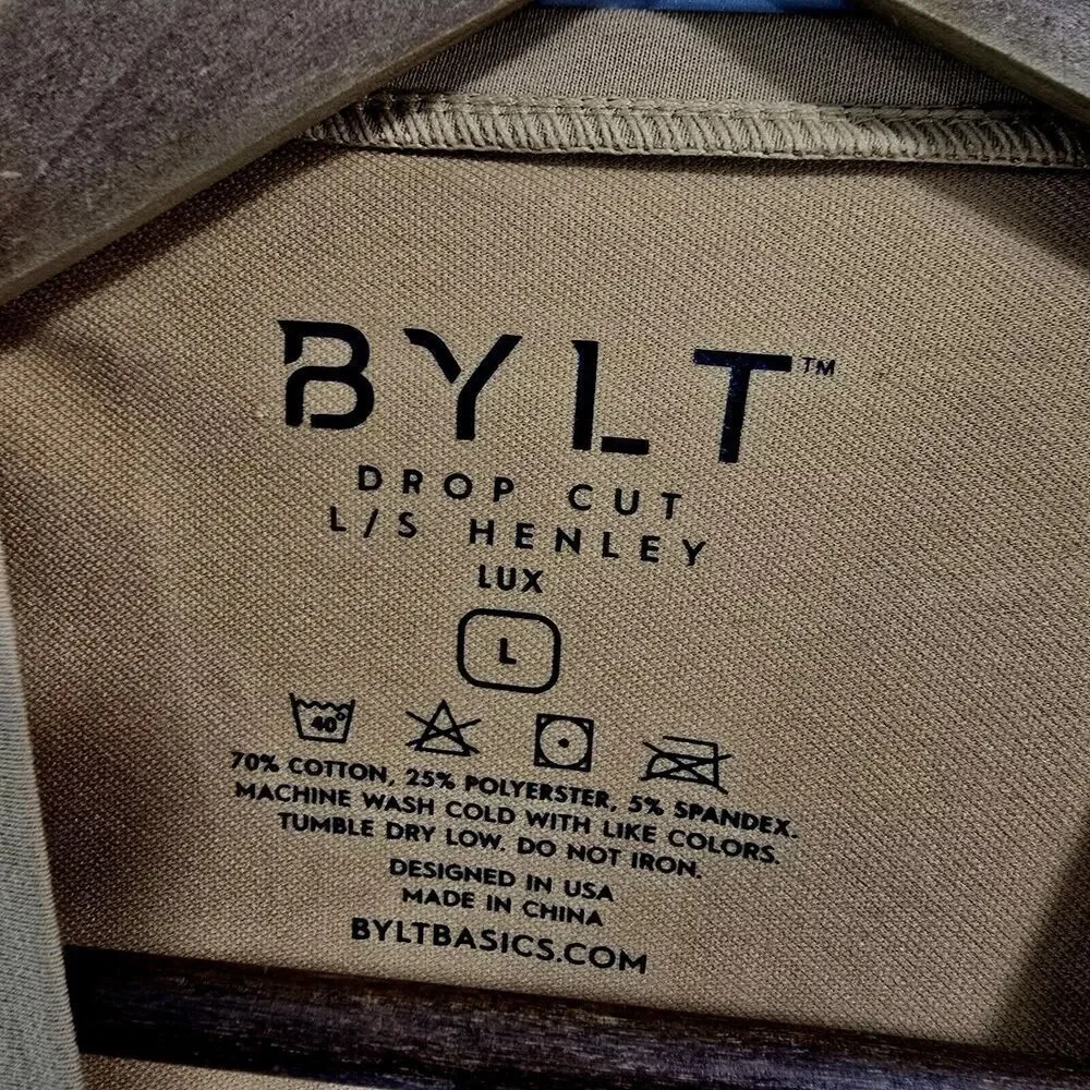 Bylt Shirt Mens Large Orange Drop Cut Henley Luxe Long Sleeve Tee T Button
